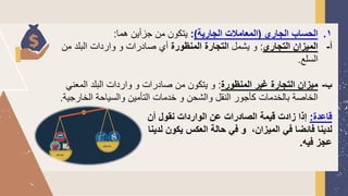 1
.
‫الجاري‬ ‫الحساب‬
(
‫الجارية‬ ‫المعامالت‬
)
:
‫يتكون‬
‫هما‬ ‫جزأين‬ ‫من‬
:
‫أ‬
-
‫التجاري‬ ‫الميزان‬
:
‫يشمل‬ ‫و‬
‫المنظورة‬ ‫التجارة‬
‫م‬ ‫البلد‬ ‫واردات‬ ‫و‬ ‫صادرات‬ ‫أي‬
‫ن‬
‫السلع‬
.
‫ب‬
-
‫المنظورة‬ ‫غير‬ ‫التجارة‬ ‫ميزان‬
:
‫المعن‬ ‫البلد‬ ‫واردات‬ ‫و‬ ‫صادرات‬ ‫من‬ ‫يتكون‬ ‫و‬
‫ي‬
‫الخار‬ ‫والسياحة‬ ‫التأمين‬ ‫خدمات‬ ‫و‬ ‫والشحن‬ ‫النقل‬ ‫كأجور‬ ‫بالخدمات‬ ‫الخاصة‬
‫جية‬
.
‫قاعدة‬
:
‫أن‬ ‫نقول‬ ‫الواردات‬ ‫عن‬ ‫الصادرات‬ ‫قيمة‬ ‫زادت‬ ‫إذا‬
‫يكو‬ ‫العكس‬ ‫حالة‬ ‫في‬ ‫و‬ ،‫الميزان‬ ‫في‬ ‫فائضا‬ ‫لدينا‬
‫لدينا‬ ‫ن‬
‫فيه‬ ‫عجز‬
.
 