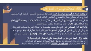 ‫ا‬‫ا‬‫ثالث‬
:
‫المدفوعات‬ ‫ميزان‬ ‫في‬ ‫الختالل‬
➢
‫المدفوعات‬ ‫ميزان‬ ‫في‬ ‫التوازن‬ ‫يحدث‬
‫الحس‬ ‫في‬ ‫المدينة‬ ‫العناصر‬ ‫جميع‬ ‫تكون‬ ‫عندما‬
‫ابين‬
‫فيهما‬ ‫الدائنة‬ ‫العناصر‬ ‫لمجموع‬ ‫مساوية‬ ‫الرأسمالي‬ ‫و‬ ‫الجاري‬
.
➢
‫الحالة‬ ‫هذه‬ ‫في‬
‫تسوية‬ ‫إلى‬ ‫نحتاج‬ ‫لن‬
‫و‬ ،‫الحتياطات‬ ‫حساب‬ ‫خالل‬ ‫من‬
‫أمام‬ ‫نكون‬ ‫عندها‬
،‫حقيق‬ ‫اقتصادي‬ ‫توازن‬
‫تلقائية‬ ‫بصفة‬ ‫يحدث‬ ‫قد‬ ‫ذلك‬ ‫أن‬ ‫علما‬
.
➢
‫أما‬
‫الحسابي‬ ‫التوازن‬
‫التسو‬ ‫حساب‬ ‫تحريك‬ ‫خالل‬ ‫من‬ ‫مقصودة‬ ‫بصفة‬ ‫يتم‬ ‫الذي‬ ‫قهو‬
‫يات‬
.
➢
‫يكون‬ ‫أن‬ ‫يمكن‬
‫المدفوعات‬ ‫ميزان‬ ‫في‬ ‫العجز‬
‫ظرفية‬ ‫أسبابه‬ ‫و‬ ‫مؤقتا‬
(
‫ينتج‬ ‫جفاف‬
‫عنه‬
‫الصادرات‬ ‫في‬ ‫كبير‬ ‫انخفاض‬
)
‫يكون‬ ‫أن‬ ‫إما‬ ‫و‬ ،
‫دائما‬ ‫العجز‬
(
‫هيكليا‬
)
‫لسنو‬ ‫يستمر‬ ‫و‬
‫ات‬
.
➢
‫أن‬ ‫حيث‬ ‫الدولية‬ ‫األعمال‬ ‫على‬ ‫المدفوعات‬ ‫ميزان‬ ‫في‬ ‫العجز‬ ‫يؤثر‬ ‫كما‬
:
✓
‫على‬ ‫يؤثر‬ ‫المدفوعات‬ ‫ميزان‬ ‫توازن‬ ‫عدم‬
‫الصعبة‬ ‫العملة‬ ‫وفرة‬
‫الدولية‬ ‫الشركات‬ ‫تحتاجها‬ ‫التي‬
.
✓
‫إلى‬ ‫يؤدي‬ ‫التوازن‬ ‫عدم‬
‫االستيراد‬ ‫على‬ ‫قيود‬ ‫فرض‬
‫الدولي‬ ‫الشركات‬ ‫على‬ ‫حتما‬ ‫سيؤثر‬ ‫الذي‬ ‫األمر‬
‫ة‬
.
 