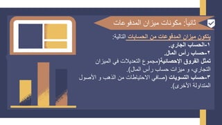‫ا‬‫ا‬‫ثاني‬
:
‫المدفوعات‬ ‫ميزان‬ ‫مكونات‬
‫الحسابات‬ ‫من‬ ‫المدفوعات‬ ‫ميزان‬ ‫يتكون‬
‫التالية‬
:
1
-
‫الجاري‬ ‫الحساب‬
.
2
-
‫المال‬ ‫رأس‬ ‫حساب‬
.
‫اإلحصائية‬ ‫الفروق‬ ‫تمثل‬
(
‫الميزان‬ ‫في‬ ‫التعديالت‬ ‫مجموع‬
‫المال‬ ‫رأس‬ ‫حساب‬ ‫ميزات‬ ‫و‬ ،‫التجاري‬
.)
3
-
‫التسويات‬ ‫حساب‬
(
‫األص‬ ‫و‬ ‫الذهب‬ ‫من‬ ‫الحتياطات‬ ‫صافي‬
‫ول‬
‫األخرى‬ ‫المتداولة‬
.)
 