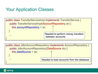 Your Application Classes
public class TransferServiceImpl implements TransferService {
public TransferServiceImpl(AccountRepository ar) {
this.accountRepository = a
}
…
}
public class JdbcAccountRepository implements AccountRepository {
public JdbcAccountRepository(DataSource ds) {
this.dataSource = ds;
}
…
}
Needed to load accounts from the database
r;
Needed to perform money transfers
between accounts
4
 
