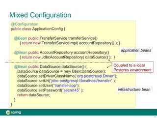 Mixed Configuration
infrastructure bean
application beans
Coupled to a local
Postgres environment
16
 