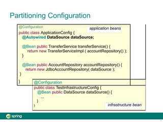 Partitioning Configuration
@Configuration application beans
public class ApplicationConfig {
@Autowired DataSource dataSource;
@Bean public TransferService transferService() {
return new TransferServiceImpl ( accountRepository() );
}
@Bean public AccountRepository accountRepository() {
return new JdbcAccountRepository( dataSource );
}
} @Configuration
public class TestInfrastructureConfig {
@Bean public DataSource dataSource() {
...
}
} infrastructure bean
17
 
