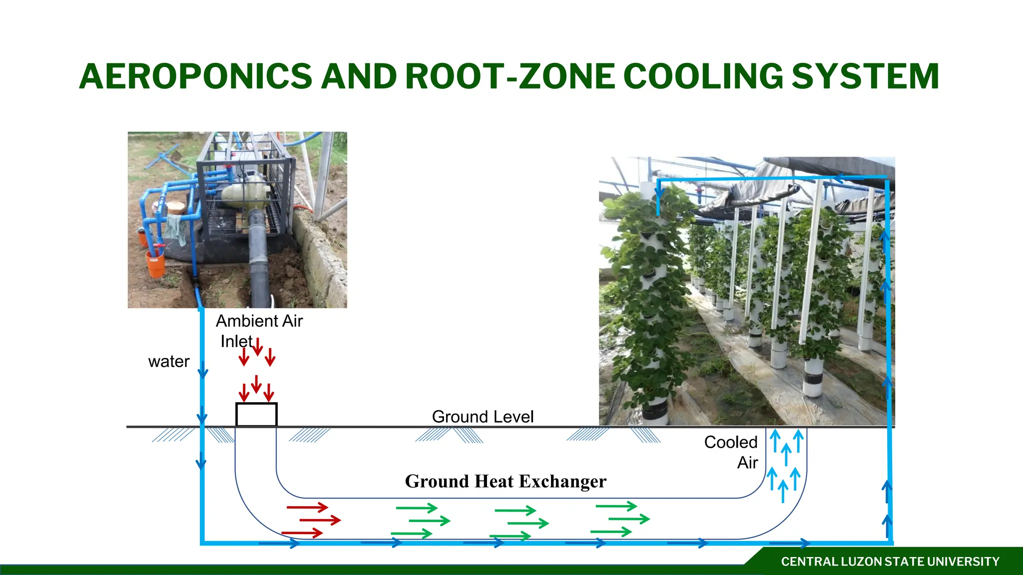 CENTRAL LUZON STATE UNIVERSITY
AEROPONICS AND ROOT-ZONE COOLING SYSTEM
Ambient Air
Inlet
Ground Heat Exchanger
Cooled
Air
Ground Level
water
 