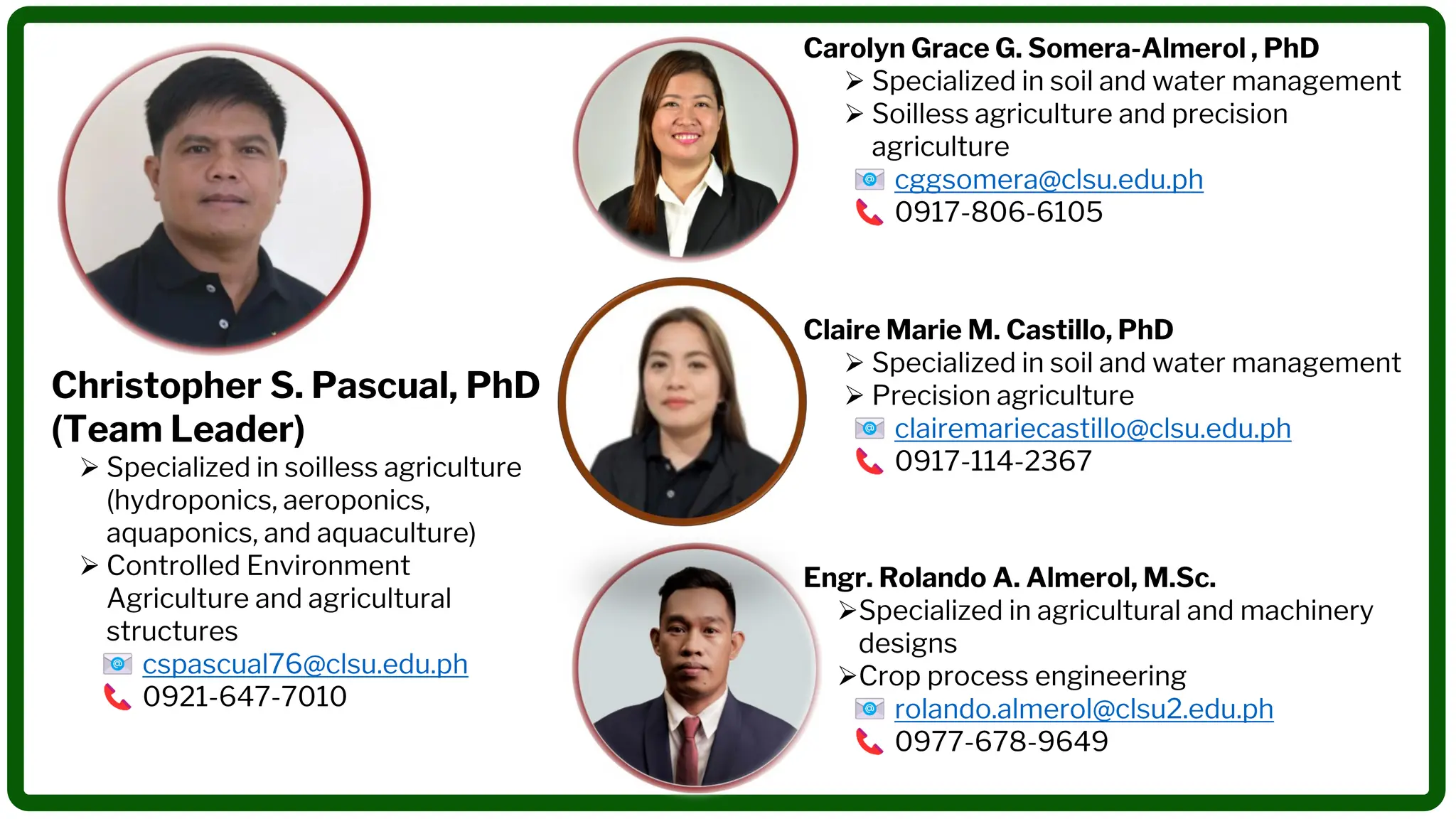 Christopher S. Pascual, PhD
(Team Leader)
➢ Specialized in soilless agriculture
(hydroponics, aeroponics,
aquaponics, and aquaculture)
➢ Controlled Environment
Agriculture and agricultural
structures
cspascual76@clsu.edu.ph
0921-647-7010
Carolyn Grace G. Somera-Almerol , PhD
➢ Specialized in soil and water management
➢ Soilless agriculture and precision
agriculture
cggsomera@clsu.edu.ph
0917-806-6105
Engr. Rolando A. Almerol, M.Sc.
➢Specialized in agricultural and machinery
designs
➢Crop process engineering
rolando.almerol@clsu2.edu.ph
0977-678-9649
Claire Marie M. Castillo, PhD
➢ Specialized in soil and water management
➢ Precision agriculture
clairemariecastillo@clsu.edu.ph
0917-114-2367
 