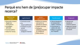 Perquè ens hem de [pre]ocupar impacte
recerca?
Retiment de
comptes
• Demanda creixent
d’agències
finançadores
• Estratègies
definides
• Inversió pública
• Value for money
Legitimització
• Contracte social
• Co-
responsabilització
• Combatre la post-
veritat
• Advocacy –
assegurar inversió
Anàlisi i
optimització
• Millorar la manera
com es fa i es
planifica la ciència
• Establir prioritats
• Polítiques
públiques basades
en l’evidència
• Meta-ciència
Transformació
• Ciència basada en
la resolució de
reptes / missions
• Incrementar la
cadena de valor
• Millorar la gestió
de l’impacte
Assignació
• Adjudicació
basada en
impacte esperat
• Pagament ajustat
per demostració
d’impacte
 