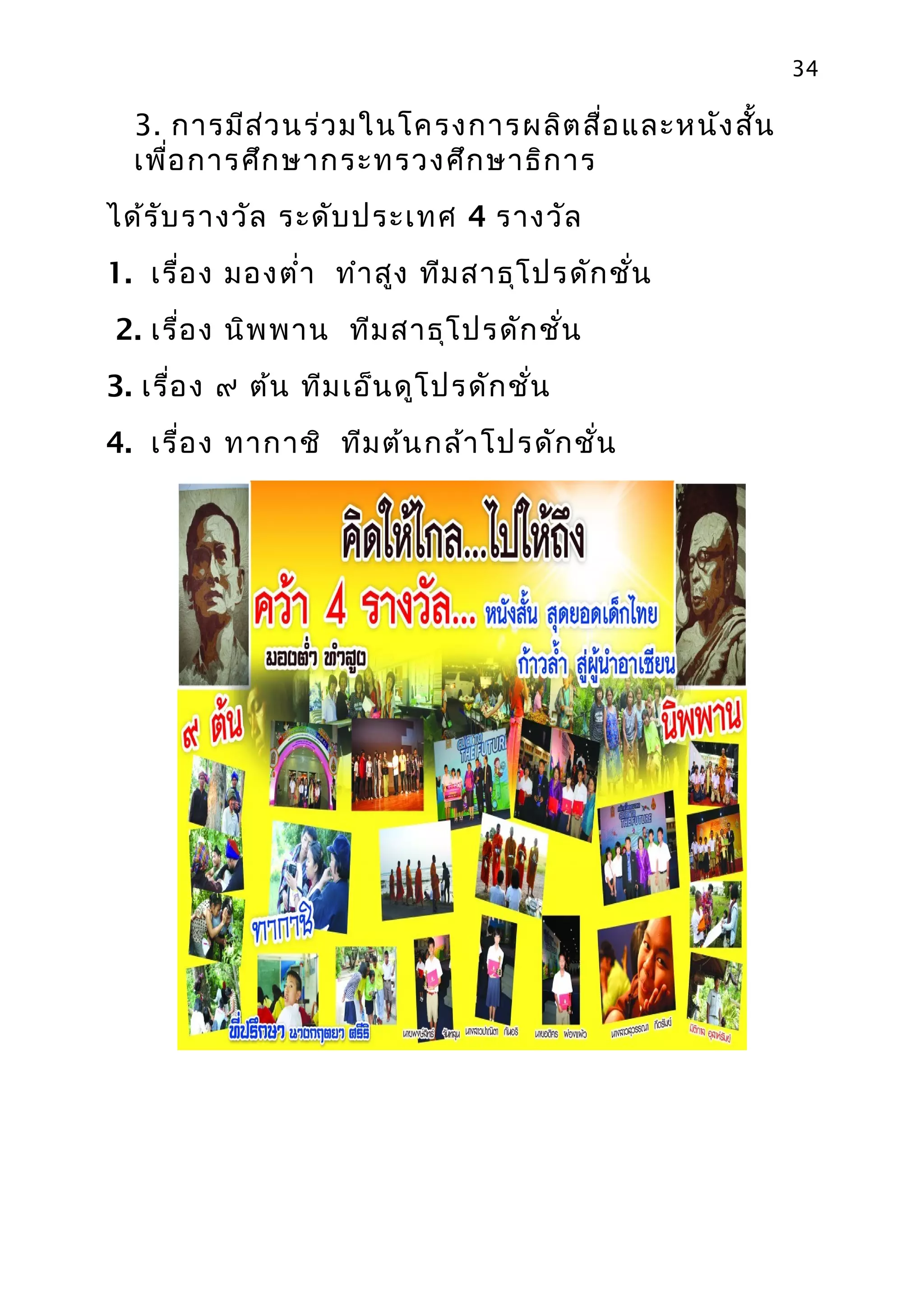 34

  3. การมีส ว นร่ว มในโครงการผลิต สือ และหนัง สัน
            ่                       ่           ้
  เพือ การศึก ษากระทรวงศึก ษาธิก าร
     ่
ได้ร ับ รางวัล ระดับ ประเทศ 4 รางวัล
1. เรื่อ ง มองตำ่า ทำา สูง ทีม สาธุโ ปรดัก ชั่น
2. เรื่อ ง นิพ พาน ทีม สาธุโ ปรดัก ชั่น
3. เรือ ง ๙ ต้น ทีม เอ็น ดูโ ปรดัก ชั่น
      ่
4. เรื่อ ง ทากาชิ ทีม ต้น กล้า โปรดัก ชัน
                                        ่
 