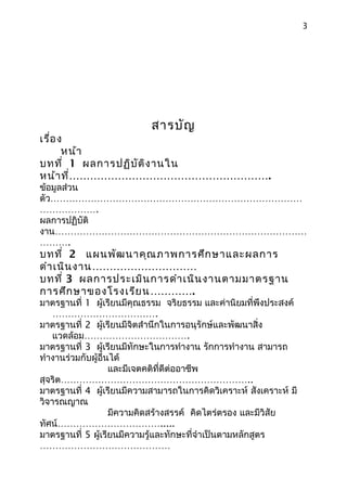 3




                           สารบัญ
เรื่อ ง
       หน้า
บทที่ 1 ผลการปฏิบ ัต ิง านใน
หน้า ที่………………………………………………….
ข้อมูลส่วน
ตัว………………………………………………………………………
……………….
ผลการปฏิบัติ
งาน………………………………………………………………………
……….
บทที่ 2 แผนพัฒ นาคุณ ภาพการศึก ษาและผลการ
ดำา เนิน งาน…………………………
บทที่ 3 ผลการประเมิน การดำา เนิน งานตามมาตรฐาน
การศึก ษาของโรงเรีย น ………….
มาตรฐานที่ 1 ผู้เรียนมีคุณธรรม จริยธรรม และค่านิยมที่พึงประสงค์
    …………………………….
มาตรฐานที่ 2 ผู้เรียนมีจิตสำานึกในการอนุรักษ์และพัฒนาสิ่ง
    แวดล้อม…………………………….
มาตรฐานที่ 3 ผู้เรียนมีทักษะในการทำางาน รักการทำางาน สามารถ
ทำางานร่วมกับผู้อื่นได้
                    และมีเจตคติที่ดีต่ออาชีพ
สุจริต……………………………………………………..
มาตรฐานที่ 4 ผู้เรียนมีความสามารถในการคิดวิเคราะห์ สังเคราะห์ มี
วิจารณญาณ
                    มีความคิดสร้างสรรค์ คิดไตร่ตรอง และมีวิสัย
ทัศน์…………………………….....
มาตรฐานที่ 5 ผู้เรียนมีความรู้และทักษะที่จำาเป็นตามหลักสูตร
……………………………………
 
