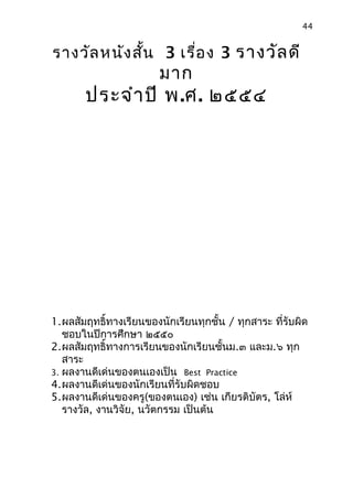 44


รางวัล หนัง สัน 3 เรื่อ ง 3 รางวัล ดี
              ้
                        มาก
       ประจำา ปี พ.ศ. ๒๕๕๔




1.ผลสัมฤทธิ์ทางเรียนของนักเรียนทุกชั้น / ทุกสาระ ที่รับผิด
   ชอบในปีการศึกษา ๒๕๕๐
2.ผลสัมฤทธิ์ทางการเรียนของนักเรียนชั้นม.๓ และม.๖ ทุก
   สาระ
3. ผลงานดีเด่นของตนเองเป็น Best Practice
4.ผลงานดีเด่นของนักเรียนที่รับผิดชอบ
5.ผลงานดีเด่นของครู(ของตนเอง) เช่น เกียรติบัตร, โล่ห์
   รางวัล, งานวิจัย, นวัตกรรม เป็นต้น
 