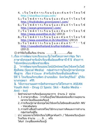 7

     4. เ ว็ บ ไ ซ ต์ ก า ร เ รี ย น รู้ แ ล ะ ค้ น ค ว้ า โ ด ย   ใ ช้
        http://skoolbuz.krupu.com/
     5. เ ว็ บ ไ ซ ต์ ก า ร เ รี ย น รู้ แ ล ะ ค้ น ค ว้ า โ ด ย   ใ ช้
        http://thaikidsdee.greenozone1.com/
     6. เ ว็ บ ไ ซ ต์ ก า ร เ รี ย น รู้ แ ล ะ ค้ น ค ว้ า โ ด ย   ใ ช้
        http://asean.greenozone1.com/
     7. เ ว็ บ ไ ซ ต์ ก า ร เ รี ย น รู้ แ ล ะ ค้ น ค ว้ า โ ด ย   ใ ช้
        http://www.aseanthai.in.th/ (2012)
     8. เ ว็ บ ไ ซ ต์ ก า ร เ รี ย น รู้ แ ล ะ ค้ น ค ว้ า โ ด ย   ใ ช้
        http://www.aseanthai.in.th/shortfilm/ (2012)
     9. เ ว็ บ ไ ซ ต์ ก า ร เ รี ย น รู้ แ ล ะ ค้ น ค ว้ า โ ด ย   ใ ช้
        http://sawadeethailand.kruthai-kidsdee.com/
        (2012)
    ทำาวิจัยในชั้นเรียน จำานวน ………3………….เรื่อง
1.เรื่อง การพัฒนาบทเรียนบนเว็บไซต์โดยภาพการ์ตูน วิชา
  ภาษาอังกฤษสำาหรับนักเรียนชันมัธยมศึกษาปี ที่ 5 ด้วยการ
                                 ้
  ใช้เทคนิคแบบเพือนช่วยเพือน
                     ่        ่
  2. “การพัฒนาบทเรียนออนไลน์(Online)โดยใช้เทคโนโลยี
  สื่อสังคม (Social Media) กลุ่มสาระการเรียนรู้ภาษาอังกฤษ
  พื้นฐาน เรื่อง If Clause สำาหรับนักเรียนชั้นมัธยมศึกษา
  ปีที่ 5 โรงเรียนภัทรบพิตร อำาเภอเมือง จังหวัดบุรีรัมย์” ผู้วิจัย
  นางกฤตยา ศรีริ
  3. วิจัยรายงานผลการจัดกิจกรรมภายใต้โครงการ ASEAN
  Youth Anti – Drug (3 Spots: Skit – Radio Media –
  Anti – Ice)
    จัดทำาหน่วยการเรียนรู้แบบบูรณาการ จำานวน 2 หน่วย
     1. 3 ภาษาอาเซียน - การเรียนรู้โดยใช้แหล่งท่องเที่ยววนอุทยาน
        เขากระโดงเป็นแหล่งเรียนรู้
     2. การเรียนรู้ภาษาอังกฤษโดยใช้เทคโนโลยีคอมพิวเตอร์ทำา MV
        – Vocabulary
     3. การสร้างสื่อสร้างสรรค์โดยใช้กระบวนการคิดและการทำา งาน
        กลุ่มร่วมกับผู้อื่น
    นำา/ มอบหมายให้นักเรียนไปศึกษาค้นคว้า / ใช้แหล่งเรียนรู้นอก
     โรงเรียน จำานวน ……9…. ครั้ง
     ได้แก่ (ระบุชื่อแหล่งเรียนรู้)
 