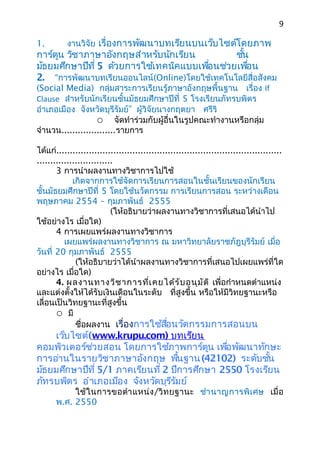 9

1.         งานวิจัย เรื่องการพัฒนาบทเรียนบนเว็บไซต์โดยภาพ
การ์ตูน วิชาภาษาอังกฤษสำาหรับนักเรียน         ชัน
                                                ้
มัธยมศึกษาปีที่ 5 ด้วยการใช้เทคนิคแบบเพือนช่วยเพือน
                                        ่         ่
2. “การพัฒนาบทเรียนออนไลน์(Online)โดยใช้เทคโนโลยีสื่อสังคม
(Social Media) กลุ่มสาระการเรียนรู้ภาษาอังกฤษพื้นฐาน เรื่อง If
Clause สำาหรับนักเรียนชั้นมัธยมศึกษาปีที่ 5 โรงเรียนภัทรบพิตร
อำาเภอเมือง จังหวัดบุรีรัมย์” ผู้วิจัยนางกฤตยา ศรีริ
                    จัดทำาร่วมกับผู้อื่นในรูปคณะทำางานหรือกลุ่ม
จำานวน....................รายการ

ได้แก่...................................................................................
............................
       3 การนำาผลงานทางวิชาการไปใช้
             เกิดจากการใช้จัดการเรียนการสอนในชั้นเรียนของนักเรียน
ชั้นมัธยมศึกษาปีที่ 5 โดยใช้นวัตกรรม การเรียนการสอน ระหว่างเดือน
พฤษภาคม 2554 – กุมภาพันธ์ 2555
                           (ให้อธิบายว่าผลงานทางวิชาการที่เสนอได้นำาไป
ใช้อย่างไร เมื่อใด)
       4 การเผยแพร่ผลงานทางวิชาการ
          เผยแพร่ผลงานทางวิชาการ ณ มหาวิทยาลัยราชภัฎบุรีรัมย์ เมื่อ
วันที่ 20 กุมภาพันธ์ 2555
              (ให้อธิบายว่าได้นำาผลงานทางวิชาการที่เสนอไปเผยแพร่ที่ใด
อย่างไร เมื่อใด)
       4. ผลงานทางวิช าการที่เ คยได้ร ับ อนุม ัต ิ เพื่อกำาหนดตำาแหน่ง
และแต่งตั้งให้ได้รับเงินเดือนในระดับ ที่สูงขึ้น หรือให้มีวิทยฐานะหรือ
เลื่อนเป็นวิทยฐานะที่สูงขึ้น
        มี
              ชื่อผลงาน เรื่องการใช้สือนวัตกรรมการสอนบน
                                               ่
    เว็บไซต์(www.krupu.com) บทเรียน
คอมพิวเตอร์ช่วยสอน โดยการใช้ภาพการ์ตูน เพือพัฒนาทักษะ
                                              ่
การอ่านในรายวิชาภาษาอังกฤษ พืนฐาน (42102) ระดับชัน
                                    ้                   ้
มัธยมศึกษาปีที่ 5/1 ภาคเรียนที่ 2 ปีการศึกษา 2550 โรงเรียน
ภัทรบพิตร อำาเภอเมือง จังหวัดบุรีรัมย์
           ใช้ ใ นการขอตำา แหน่ ง /วิ ท ยฐานะ ชำา นาญการพิ เ ศษ เมื่ อ
      พ.ศ. 2550
 