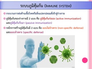  กระบวนการต่อต้านเชื้อโรคหรือสิ่งแปลกปลอมที่เข้าสู่ร่างกาย
 ภูมิคุ้มกันของร่างกายมี 2 แบบ คือ ภูมิคุ้มกันก่อเอง (active immunization)
และภูมิคุ้มกันรับมา (passive immunization)
 กลไกการสร้างภูมิคุ้มกันมี 2 แบบ คือ แบบไม่จ้าเพาะ (non-specific defense)
และแบบจ้าเพาะ (specific defense)
ระบบภูมิคุ้มกัน (IMMUNE SYSTEM)
 