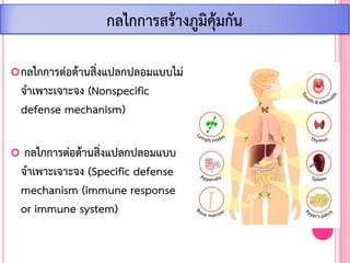 กลไกการต่อต้านสิ่งแปลกปลอมแบบไม่
จ้าเพาะเจาะจง (Nonspecific
defense mechanism)
 กลไกการต่อต้านสิ่งแปลกปลอมแบบ
จ้าเพาะเจาะจง (Specific defense
mechanism (immune response
or immune system)
กลไกการสร้างภูมิคุ้มกัน
 