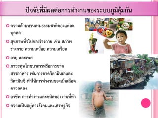  ความต้านทานตามธรรมชาติของแต่ละ
บุคคล
 สุขภาพทั่วไปของร่างกาย เช่น สภาพ
ร่างกาย ความเหนื่อย ความเครียด
 อายุ และเพศ
 ภาวะทุพโภชนาการหรือการขาด
สารอาหาร เช่นการขาดวิตามินเอและ
วิตามินซี ท้าให้การท้างานของเม็ดเลือด
ขาวลดลง
 อาชีพ การท้างานและชนิดของงานที่ท้า
 ความเป็นอยู่ทางสังคมและเศรษฐกิจ
ปัจจัยที่มีผลต่อการท้างานของระบบภูมิคุ้มกัน
 
