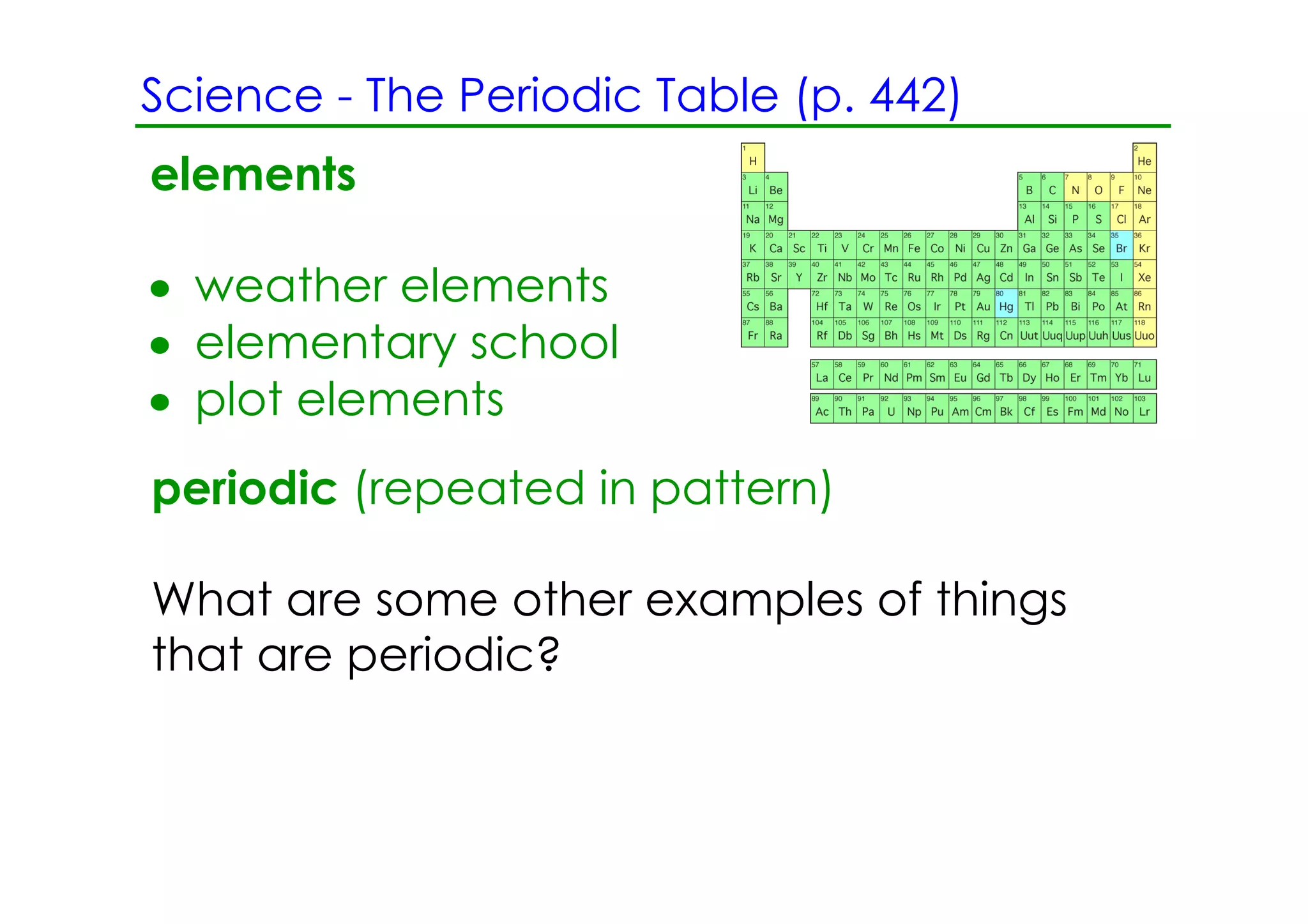 Science ­ The Periodic Table (p. 442)
elements

• weather elements
• elementary school
• plot elements
periodic (repeated in pattern)

What are some other examples of things
that are periodic?
 