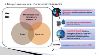 4
I Общие положения. Система безопасности
Организационно
-распорядит.
документы
Средства
Силы
С
и
с
т
е
м
а
б
е
з
о
п
а
с
н
о
с
т
и
предотвращение неправомерного доступа к
информации, обрабатываемой значимыми
объектами
восстановление функционирования
значимых объектов
недопущение воздействия на
технические средства обработки
информации, в результате которого
может быть нарушено и (или)
прекращено функционирование
значимых объектов
непрерывное взаимодействие с ГосСОПКА
 