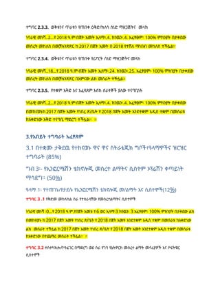 ተግባር 2.3.3. ወቅቱንና ጥራቱን የጠበቀ ዕቅድ/ክለሳ ሰነድ ማዘጋጅትና መላክ
ነባራዊ መነሻ..2…የ 2018 ዓ.ም፡በጀት አመት ኢላማ፡.4. ክንዉን፡.4. አፈፃፀም፡ 100% ምክንያት በታቀደው
መሰረት መከለስ በመቻሉንጽጽር ከ 2017 በጀት አመት በ 2018 የተሸለ ማነበብ መከለስ ተችሏል፡፡
ተግባር 2.3.4. ወቅቱንና ጥራቱን የጠበቀ የሪፖርት ሰነድ ማዘጋጅትና መላክ
ነባራዊ መነሻ..18…የ 2018 ዓ.ም፡በጀት አመት ኢላማ፡.24. ክንዉን፡.25. አፈፃፀም፡ 100% ምክንያት በታቀደው
መሰረት መከለስ በመቻሉንጽጽር በአምናው ልክ መሰራት ተችሏል፡፡
ተግባር 2.3.5. የተቋም እቅድ እና አፈጻጸም እስከ ሰራተኞች ያለው ተናባቢነት
ነባራዊ መነሻ..2…የ 2018 ዓ.ም፡በጀት አመት ኢላማ፡.4. ክንዉን፡.4. አፈፃፀም፡ 100% ምክንያት በታቀደው
በመከናወኑከ 2017 በጀት አመት የነበረ ጽ/ቤት የ 2018 በጀት አመት እንደተቋም አዲስ ተቋም በመሰራቱ
ከአቀድነው እቅድ ተናባቢ ማድረግ ተችሏል፡፡ ፡፡
3.የአበይት ተግባራት አፈፃጸም
3.1 በተቋሙ ታቅደዉ የተከናወኑ ዋና ዋና ስትራቴጂክ ግቦች፣ዓላማዎችና ዝርዝር
ተግባራት (85%)
ግብ 3፡- የኢንፎርሜሽን ቴክኖሎጂ መሰረተ ልማትና ሲስተም ኦፕሬሽን ቀጣይነት
ማሳደግ። (50%)
ዓላማ 1፡ የተጠገኑ/የታደሱ የኢንፎርሜሽን ቴክኖሎጂ መ/ልማት እና ሲስተሞች(12%)
ተግባር 3 .1 የቅድመ መከላከል ስራ የተሰራላቸው የመሰረተልማትና ሲስተሞች
ነባራዊ መነሻ ፡0…የ 2018 ዓ.ም.የበጀት አመቱ የ 6 ወር ኢላማ፡3 ክንዉን፡ 3 አፈፃፀም፡ 100% ምክንያት በታቀደው ልክ
በመከናወኑ ከ 2017 በጀት አመት የነበረ ጽ/ቤት የ 2018 በጀት አመት እንደተቋም አዲስ ተቋም በመሰራቱ ከአቀድነው
ልክ መስራት ተችሏል ከ 2017 በጀት አመት የነበረ ጽ/ቤት የ 2018 በጀት አመት እንደተቋም አዲስ ተቋም በመሰራቱ
ከአቀድነው በተጨማሪ መስራት ተችሏል፡፡ ፡፡
ተግባር 3.2 ተስተካክሎ/ኮንፊገር በማድረግ ወደ ስራ የገባ የኔትዎርክ መሰረተ ልማት መሳሪያዎች እና ሶፍትዌር
ሲሰተሞች
 