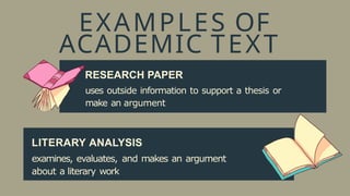 EXAMPLES OF
ACADEMIC TEXT
RESEARCH PAPER
uses outside information to support a thesis or
make an argument
LITERARY ANALYSIS
examines, evaluates, and makes an argument
about a literary work
 