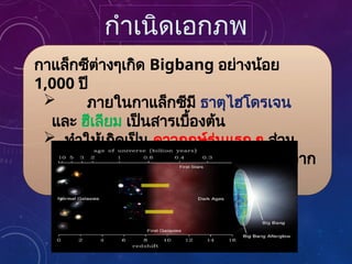 กาแล็กซีต่างๆเกิด Bigbang อย่างน้อย
1,000 ปี
 ภายในกาแล็กซีมี ธาตุไฮโดรเจน
และ ฮีเลียม เป็นสารเบื้องต้น
 ทำให้เกิดเป็น ดาวฤกษ์รุ่นแรก ๆ ส่วน
ธาตุที่มีนิวเคลียสใหญ่กว่าคาร์บอนเกิดจาก
ดาวฤกษ์ขนาดใหญ่
กำเนิดเอกภพ
 