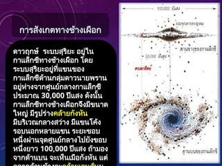 ดาวฤกษ์ ระบบสุริยะ อยู่ใน
กาแล็กซีทางช้างเผือก โดย
ระบบสุริยะอยู่ที่แขนของ
กาแล็กซีด้านกลุ่มดาวนายพราน
อยู่ห่างจากศูนย์กลางกาแล็กซี
ประมาณ 30,000 ปีแสง ดังนั้น
กาแล็กซีทางช้างเผือกจึงมีขนาด
ใหญ่ มีรูปร่างคล้ายกังหัน
มีบริเวณกลางสว่าง มีแขนโค้ง
รอบนอกหลายแขน ระยะขอบ
หนึ่งผ่านจุดศูนย์กลางไปยังขอบ
หนึ่งยาว 100,000 ปีแสง ถ้ามอง
จากด้านบน จะเห็นเมือกังหัน แต่
การสังเกตทางช้างเผือก
 