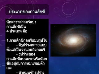 นักดาราศาสตร์แบ่ง
กาแล็กซีเป็น
4 ประเภท คือ
1.กาแล็กซีกลมรีแบบรูปไข่
- มีรูปร่างหลายแบบ
ตั้งแต่เป็นจานจนถึงกลมรี
- รูปร่างของ
กาแล็กซีแบนมากหรือน้อย
ขึ้นอยู่กับการหมุนรอบตัว
เอง
- ถ้าหมุนช้ารูปร่าง
ประเภทของกาแล็กซี
 
