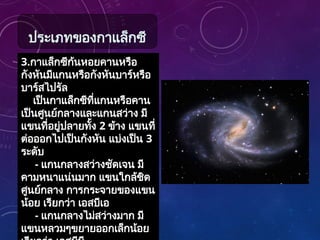 3.กาแล็กซีก้นหอยคานหรือ
กังหันมีแกนหรือกังหันบาร์หรือ
บาร์สไปรัล
เป็นกาแล็กซีที่แกนหรือคาน
เป็นศูนย์กลางและแกนสว่าง มี
แขนที่อยู่ปลายทั้ง 2 ข้าง แขนที่
ต่อออกไปเป็นกังหัน แบ่งเป็น 3
ระดับ
- แกนกลางสว่างชัดเจน มี
คามหนาแน่นมาก แขนใกล้ชิด
ศูนย์กลาง การกระจายของแขน
น้อย เรียกว่า เอสบีเอ
- แกนกลางไม่สว่างมาก มี
แขนหลวมๆขยายออกเล็กน้อย
ประเภทของกาแล็กซี
 