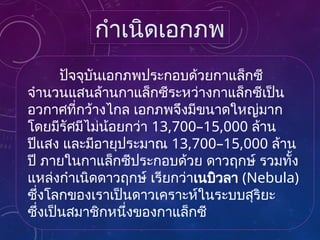 ปัจจุบันเอกภพประกอบด้วยกาแล็กซี
จำนวนแสนล้านกาแล็กซีระหว่างกาแล็กซีเป็น
อวกาศที่กว้างไกล เอกภพจึงมีขนาดใหญ่มาก
โดยมีรัศมีไม่น้อยกว่า 13,700–15,000 ล้าน
ปีแสง และมีอายุประมาณ 13,700–15,000 ล้าน
ปี ภายในกาแล็กซีประกอบด้วย ดาวฤกษ์ รวมทั้ง
แหล่งกำเนิดดาวฤกษ์ เรียกว่าเนบิวลา (Nebula)
ซึ่งโลกของเราเป็นดาวเคราะห์ในระบบสุริยะ
ซึ่งเป็นสมาชิกหนึ่งของกาแล็กซี
กำเนิดเอกภพ
 