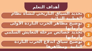 ‫نظام‬ ‫لنشأة‬ ‫التاريخي‬ ‫السياق‬ ‫تحديد‬
‫الثنائية‬ ‫القطبية‬
1
‫األولى‬ ‫الباردة‬ ‫الحرب‬ ‫مظاهر‬ ‫توضيح‬
‫وأزماتها‬
2
‫السلمي‬ ‫التعايش‬ ‫مرحلة‬ ‫خصائص‬ ‫تحديد‬
‫وأزماتها‬
3
‫التعلم‬ ‫أهداف‬
‫الباردة‬ ‫الحرب‬ ‫اندالع‬ ‫سياق‬ ‫توضيح‬
‫ومظاهرها‬ ‫الثانية‬
4
 