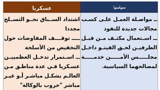 ‫عسكريا‬ ‫سياسيا‬
‫لح‬ ‫التس‬ ‫و‬ ‫نح‬ ‫باق‬ ‫الس‬ ‫اشتداد‬
‫مجددا‬
‫حول‬ ‫المفاوضات‬ ‫ف‬ ‫توق‬ ‫ـ‬
‫األسلحة‬ ‫من‬ ‫التخفيض‬
‫ن‬ ‫العظميي‬ ‫ل‬ ‫تدخ‬ ‫تمرار‬ ‫اس‬ ‫ـ‬
‫ن‬ ‫م‬ ‫ق‬ ‫مناط‬ ‫عدة‬ ‫ي‬ ‫ف‬ ‫كريا‬ ‫عس‬
‫ر‬ ‫غي‬ ‫و‬ ‫أ‬ ‫ر‬ ‫مباش‬ ‫ل‬ ‫بشك‬ ‫م‬ ‫العال‬
" "
‫بالوكالة‬ ‫حروب‬ ‫مباشر‬
‫ب‬ ‫كس‬ ‫ى‬ ‫عل‬ ‫ل‬ ‫العم‬ ‫لة‬ ‫مواص‬ ‫ـ‬
‫للنفوذ‬ ‫جديدة‬ ‫مجاالت‬
‫ل‬ ‫قب‬ ‫ن‬ ‫م‬ ‫ف‬ ‫مكث‬ ‫تعمال‬ ‫اس‬ ‫ـ‬
‫ل‬ ‫داخ‬ ‫و‬ ‫الفيت‬ ‫ق‬ ‫لح‬ ‫ن‬ ‫الطرفي‬
‫ة‬ ‫خدم‬ ‫ن‬ ‫األم‬ ‫س‬ ‫مجل‬
.‫السياسية‬ ‫لمصالحهما‬
 