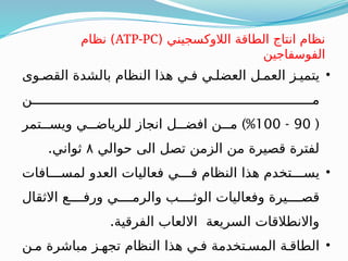 •
‫القصـوى‬ ‫بالشدة‬ ‫النظام‬ ‫هذا‬ ‫فـي‬ ‫العضلـي‬ ‫العمـل‬ ‫يتميـز‬
‫مـــــــــــــــــــــــــــــــــــــــــــــــــــــــــــــــــــــــن‬
(
90
-
100
)%
‫ويســـتمر‬ ‫للرياضـــي‬ ‫انجاز‬ ‫افضـــل‬ ‫مـــن‬
‫حوالي‬ ‫الى‬ ‫تصل‬ ‫الزمن‬ ‫من‬ ‫قصيرة‬ ‫لفترة‬
٨
.‫ثواني‬
•
‫لمســـافات‬ ‫العدو‬ ‫فعاليات‬ ‫فـــي‬ ‫النظام‬ ‫هذا‬ ‫يســـتخدم‬
‫االثقال‬ ‫ورفــــع‬ ‫والرمــــي‬ ‫الوثــــب‬ ‫وفعاليات‬ ‫قصــــيرة‬
.‫الفرقية‬ ‫االلعاب‬ ‫السريعة‬ ‫واالنطالقات‬
•
‫مـن‬ ‫مباشرة‬ ‫تجهـز‬ ‫النظام‬ ‫هذا‬ ‫فـي‬ ‫المسـتخدمة‬ ‫الطاقـة‬
( ‫الالوكسجيني‬ ‫الطاقة‬ ‫انتاج‬ ‫نظام‬
ATP-PC
‫نظام‬ )
‫الفوسفاجين‬
 