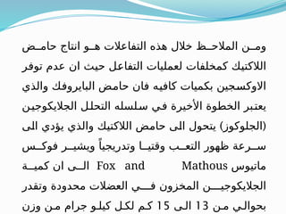 ‫حامــض‬ ‫انتاج‬ ‫هــو‬ ‫التفاعالت‬ ‫هذه‬ ‫خالل‬ ‫المالحــظ‬ ‫ومــن‬
‫ـر‬
‫ف‬‫تو‬ ‫عدم‬ ‫ان‬ ‫ـث‬
‫ي‬‫ح‬ ‫ـل‬
‫ع‬‫التفا‬ ‫لعمليات‬ ‫كمخلفات‬ ‫ـك‬
‫ي‬‫الالكت‬
‫والذي‬ ‫ـك‬
‫ف‬‫البايرو‬ ‫ـض‬
‫م‬‫حا‬ ‫فان‬ ‫ـه‬
‫ي‬‫كاف‬ ‫بكميات‬ ‫ـجين‬
‫س‬‫االوك‬
‫الجاليكوجيـن‬ ‫التحلـل‬ ‫سـلسله‬ ‫فـي‬ ‫األخيرة‬ ‫الخطوة‬ ‫يعتـبر‬
) (
‫ـى‬
‫ل‬‫ا‬ ‫يؤدي‬ ‫والذي‬ ‫ـك‬
‫ي‬‫الالكت‬ ‫ـض‬
‫م‬‫حا‬ ‫ـى‬
‫ل‬‫ا‬ ‫يتحول‬ ‫الجلوكوز‬
‫فوكــس‬ ‫ويشيــر‬ ً‫وتدريجيا‬ ‫وقتيــا‬ ‫التعــب‬ ‫ظهور‬ ‫ســرعة‬
‫ماتيوس‬
Fox and Mathous
‫كميــة‬ ‫ان‬ ‫الــى‬
‫وتقدر‬ ‫محدودة‬ ‫العضالت‬ ‫فــــي‬ ‫المخزون‬ ‫الجاليكوجيــــن‬
‫مـن‬ ‫بحوالـي‬
13
‫الـى‬
15
‫وزن‬ ‫مـن‬ ‫جرام‬ ‫كيلـو‬ ‫لكـل‬ ‫كـم‬
 