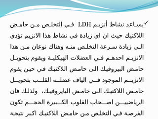 
‫أنزيـم‬ ‫نشاط‬ ‫يسـاعد‬
LDH
‫حامـض‬ ‫مـن‬ ‫التخلـص‬ ‫فـي‬
‫تؤدي‬ ‫ـم‬
‫ي‬‫االنز‬ ‫هذا‬ ‫نشاط‬ ‫ـي‬
‫ف‬ ‫زيادة‬ ‫اي‬ ‫ان‬ ‫ـث‬
‫ي‬‫ح‬ ‫ـك‬
‫ي‬‫الالكت‬
‫هذا‬ ‫مـن‬ ‫نوعان‬ ‫وهناك‬ ‫منـه‬ ‫التخلـص‬ ‫سـرعة‬ ‫زيادة‬ ‫الـى‬
‫ـل‬
‫ـ‬‫بتحوي‬ ‫ويقوم‬ ‫ـة‬
‫ـ‬‫الهيكلي‬ ‫العضالت‬ ‫ـي‬
‫ـ‬‫ف‬ ‫ـم‬
‫ـ‬‫احده‬ ‫ـم‬
‫ـ‬‫االنزي‬
‫يقوم‬ ‫حيـن‬ ‫فـي‬ ‫الالكتيـك‬ ‫حامـض‬ ‫الـى‬ ‫البيروفيـك‬ ‫حامـض‬
‫بتحويـــل‬ ‫القلـــب‬ ‫عضلـــه‬ ‫الياف‬ ‫فـــي‬ ‫الموجود‬ ‫االنزيـــم‬
‫فان‬ ‫ولذلـك‬ ،‫البايروفيـك‬ ‫حامـض‬ ‫الـى‬ ‫الالكتيـك‬ ‫حامـض‬
‫تكون‬ ‫الحجـــم‬ ‫الكـــبيرة‬ ‫القلوب‬ ‫اصـــحاب‬ ‫الرياضييـــن‬
‫نتيجـة‬ ‫اكـبر‬ ‫الالكتيـك‬ ‫حامـض‬ ‫مـن‬ ‫التخلـص‬ ‫فـي‬ ‫الفرصـة‬
 