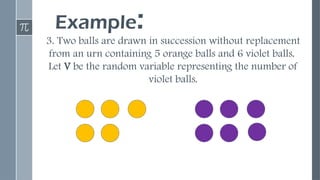 Example:
3. Two balls are drawn in succession without replacement
from an urn containing 5 orange balls and 6 violet balls.
Let V be the random variable representing the number of
violet balls.
 