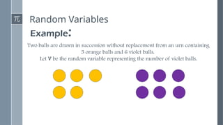 Random Variables
Example:
Two balls are drawn in succession without replacement from an urn containing
5 orange balls and 6 violet balls.
Let V be the random variable representing the number of violet balls.
 