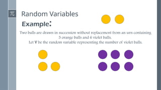 Random Variables
Example:
Two balls are drawn in succession without replacement from an urn containing
5 orange balls and 6 violet balls.
Let V be the random variable representing the number of violet balls.
 