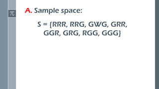 A. Sample space:
S = {RRR, RRG, GWG, GRR,
GGR, GRG, RGG, GGG}
 