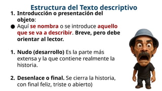 1. Introducción o presentación del
objeto:
● Aquí se nombra o se introduce aquello
que se va a describir. Breve, pero debe
orientar al lector.
1. Nudo (desarrollo) Es la parte más
extensa y la que contiene realmente la
historia.
2. Desenlace o final. Se cierra la historia,
con final feliz, triste o abierto)
Estructura del Texto descriptivo
 