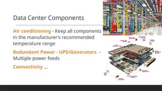 Data Center Components
Air conditioning - Keep all components
in the manufacturer’s recommended
temperature range
Redundant Power - UPS/Generators -
Multiple power feeds
Connectivity …
 