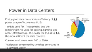 Power in Data Centers
Pretty good data centers have efficiency of 1.7
power usage effectiveness (PUE)
1 unit is used for IT equipment, and the
remaining 0.7 is used for cooling, lighting, and
other infrastructure. The closer the PUE is to 1.0,
the more efficient the data center is.
Conventional server uses 200 to 500W
Total power consumed by switches amortizes to
10-20W per server
 