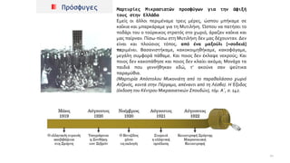 Πρόσφυγες Μαρτυρίες Μικρασιατών προσφύγων για την άφιξή
τους στην Ελλάδα
Εμείς οι άλλοι περιμέναμε τρεις μέρες, ώσπου μπήκαμε σε
καΐκια και μπαρκάραμε για τη Μυτιλήνη. Ώσπου να πατήσει το
ποδάρι του ο τούρκικος στρατός στο χωριό, άραζαν καΐκια και
μας παίρναν. Πίσω-πίσω στη Μυτιλήνη δεν μας δέχουνταν. Δεν
είναι και πλούσιος τόπος. από ένα μαξούλι [=σοδειά]
περιμένει. Βασανιστήκαμε, κακοκοιμηθήκαμε, κακοφάγαμε,
μεγάλη συμφορά πάθαμε. Και ποιος δεν έκλαψε νεκρούς; Και
ποιος δεν κακοπάθησε και ποιος δεν κλαίει ακόμα; Μονάχα τα
παιδιά που γεννήθηκαν εδώ, τ’ ακούνε σαν ψεύτικα
παραμύθια.
(Μαρτυρία Απόστολου Μυκονιάτη από το παραθαλάσσιο χωριό
Ατζανός, κοντά στην Πέργαμο, απέναντι από τη Λέσβο). Η Έξοδος
(έκδοση του Κέντρου Μικρασιατικών Σπουδών), τόμ. Α΄, σ. 142.
22
 