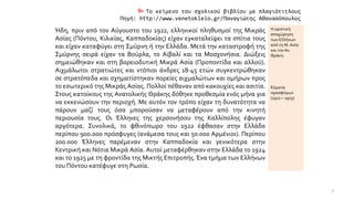  Το κείμενο του σχολικού βιβλίου με πλαγιότιτλους
Πηγή: http://www.venetokleio.gr/Παναγιώτης Αθανασόπουλος
Ήδη, πριν από τον Αύγουστο του 1922, ελληνικοί πληθυσμοί της Μικράς
Ασίας (Πόντου, Κιλικίας, Καππαδοκίας) είχαν εγκαταλείψει τα σπίτια τους
και είχαν καταφύγει στη Σμύρνη ή την Ελλάδα. Μετά την καταστροφή της
Σμύρνης σειρά είχαν τα Βούρλα, το Αϊβαλί και τα Μοσχονήσια. Διώξεις
σημειώθηκαν και στη βορειοδυτική Μικρά Ασία (Προποντίδα και αλλού).
Αιχμάλωτοι στρατιώτες και ντόπιοι άνδρες 18-45 ετών συγκεντρώθηκαν
σε στρατόπεδα και σχηματίστηκαν πορείες αιχμαλώτων και ομήρων προς
το εσωτερικό της Μικράς Ασίας. Πολλοί πέθαναν από κακουχίες και ασιτία.
Στους κατοίκους της Ανατολικής Θράκης δόθηκε προθεσμία ενός μήνα για
να εκκενώσουν την περιοχή. Με αυτόν τον τρόπο είχαν τη δυνατότητα να
πάρουν μαζί τους όσα μπορούσαν να μεταφέρουν από την κινητή
περιουσία τους. Οι Έλληνες της χερσονήσου της Καλλίπολης έφυγαν
αργότερα. Συνολικά, το φθινόπωρο του 1922 έφθασαν στην Ελλάδα
περίπου 900.000 πρόσφυγες (ανάμεσα τους και 50.000 Αρμένιοι). Περίπου
200.000 Έλληνες παρέμεναν στην Καππαδοκία και γενικότερα στην
Κεντρική και Νότια Μικρά Ασία. Αυτοί μεταφέρθηκαν στην Ελλάδα το 1924
και το 1925 με τη φροντίδα της Μικτής Επιτροπής.Ένα τμήμα των Ελλήνων
του Πόντου κατέφυγε στη Ρωσία.
Η οριστική
αποχώρηση
των Ελλήνων
από τη Μ. Ασία
και τηνΑν.
Θράκη
Κύματα
προσφύγων
(1922 – 1925)
3
 