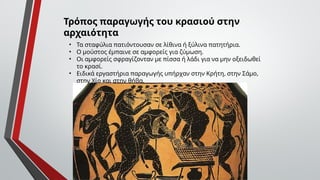Τρόπος παραγωγής του κρασιού στην
αρχαιότητα
• Τα σταφύλια πατιόντουσαν σε λίθινα ή ξύλινα πατητήρια.
• Ο μούστος έμπαινε σε αμφορείς για ζύμωση.
• Οι αμφορείς σφραγίζονταν με πίσσα ή λάδι για να μην οξειδωθεί
το κρασί.
• Ειδικά εργαστήρια παραγωγής υπήρχαν στην Κρήτη, στην Σάμο,
στην Χίο και στην θήβα.
 