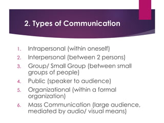 2. Types of Communication
1. Intrapersonal (within oneself)
2. Interpersonal (between 2 persons)
3. Group/ Small Group (between small
groups of people)
4. Public (speaker to audience)
5. Organizational (within a formal
organization)
6. Mass Communication (large audience,
mediated by audio/ visual means)
 