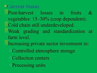 Current Status
Post-harvest losses in fruits &
vegetables: 15–30% (crop dependent).
Cold chain still underdeveloped.
Weak grading and standardization at
farm level.
Increasing private sector investment in:
oControlled atmosphere storage
oCollection centers
oProcessing units
 