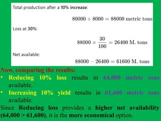 Now, comparing the results:
• Reducing 10% loss results in 64,000 metric tons
available.
• Increasing 10% yield results in 61,600 metric tons
available.
Since Reducing loss provides a higher net availability
(64,000 > 61,600), it is the more economical option.
 