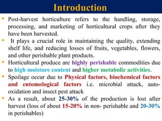 Introduction
 Post-harvest horticulture refers to the handling, storage,
processing, and marketing of horticultural crops after they
have been harvested.
 It plays a crucial role in maintaining the quality, extending
shelf life, and reducing losses of fruits, vegetables, flowers,
and other perishable plant products.
 Horticultural produce are highly perishable commodities due
to high moisture content and higher metabolic activities.
 Spoilage occur due to Physical factors, biochemical factors
and entomological factors i.e. microbial attack, auto-
oxidation and insect pest attack
 As a result, about 25-30% of the production is lost after
harvest (loss of about 15-20% in non- perishable and 20-30%
in perishables)
 