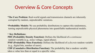 2
•The Core Problem: Real-world signals and transmission channels are inherently
corrupted by random, unpredictable variations.
•Probability Models: We use probability distributions to capture this randomness,
turning unpredictable physical phenomena into quantifiable mathematical models.
• Key Definitions:
PDF (Probability Density Function): Defines the likelihood of a continuous
random variable (e.g., noise voltage, signal phase).
PMF (Probability Mass Function): Defines the likelihood of a discrete random variable
(e.g., digital bits, number of users).
CDF (Cumulative Distribution Function): The probability that a random variable
takes a value less than or equal to a specific value.
Overview & Core Concepts
 