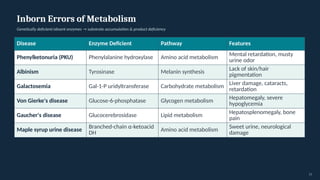 Inborn Errors of Metabolism
Genetically deficient/absent enzymes → substrate accumulation & product deficiency
Disease Enzyme Deficient Pathway Features
Phenylketonuria (PKU) Phenylalanine hydroxylase Amino acid metabolism Mental retardation, musty
urine odor
Albinism Tyrosinase Melanin synthesis
Lack of skin/hair
pigmentation
Galactosemia Gal-1-P uridyltransferase Carbohydrate metabolism
Liver damage, cataracts,
retardation
Von Gierke's disease Glucose-6-phosphatase Glycogen metabolism
Hepatomegaly, severe
hypoglycemia
Gaucher's disease Glucocerebrosidase Lipid metabolism
Hepatosplenomegaly, bone
pain
Maple syrup urine disease Branched-chain α-ketoacid
DH
Amino acid metabolism Sweet urine, neurological
damage
13
 