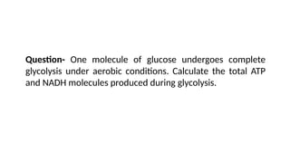 Question- One molecule of glucose undergoes complete
glycolysis under aerobic conditions. Calculate the total ATP
and NADH molecules produced during glycolysis.
 
