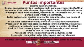 Departamento de Asesoría Técnica Pedagógica
Puntos importantes
Sistema auxiliar analítico.
Brindar acompañamiento a los docentes de manera permanente. (SAAE) al
menos una visita cada trimestre, dependiendo de la cantidad de docentes.
Contemplar asambleas escolares, desarrollo de la expresión oral, escrita y
pensamiento crítico y matemático.
En las evaluaciones escritas priorizar las preguntas abiertas, donde el
alumno exprese y argumente.
En todas las sesione de cte iniciar con una actividad socioemocional.
Presentación de proyecto acordes a fechas conmemorativas, de nuestras
tradiciones y costumbres así como el rescate de nuestra identidad.
Realizar 5 listas de cte y 1 para el taller de Docencia y Salud mental.
Sedes de los CTE fases ordinarias.
Acceso a la jurisdicción sanitaria para las fumigaciones
Estrategia +comunidad+salud talleres para padres y alumnos
Concurso dibujando sonrisas
Preparar la escuela para recibir a los alumnos, aseo, cartel de bienvenida,
primer homenaje, etc..
 