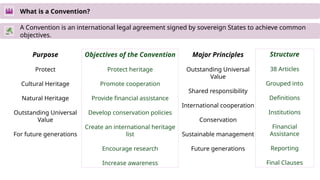 What is a Convention?
A Convention is an international legal agreement signed by sovereign States to achieve common
objectives.
Purpose
Protect
Cultural Heritage
Natural Heritage
Outstanding Universal
Value
For future generations
Objectives of the Convention
Protect heritage
Promote cooperation
Provide financial assistance
Develop conservation policies
Create an international heritage
list
Encourage research
Increase awareness
Major Principles
Outstanding Universal
Value
Shared responsibility
International cooperation
Conservation
Sustainable management
Future generations
Structure
38 Articles
Grouped into
Definitions
Institutions
Financial
Assistance
Reporting
Final Clauses
 